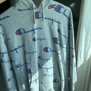 Champion Light Gray Hoodie with Blue and Red Logo Print